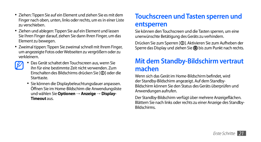 Samsung GT-S5670HKADBT manual Touchscreen und Tasten sperren und entsperren, Mit dem Standby-Bildschirm vertraut machen 