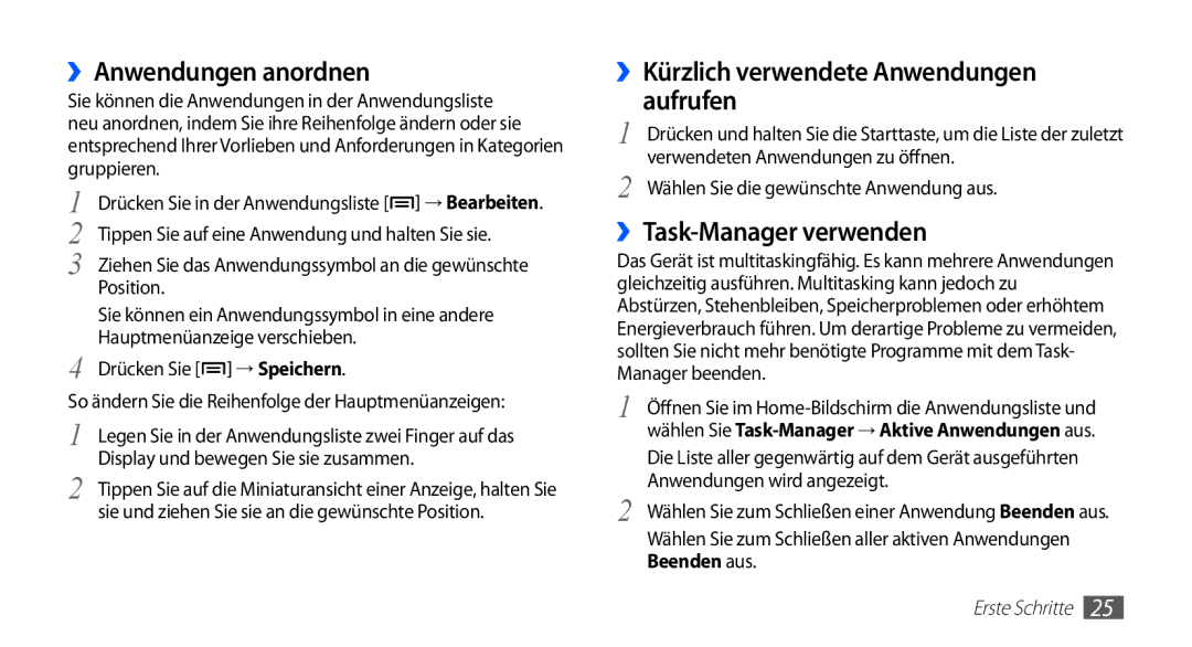 Samsung GT-S5670PWAATO manual ››Anwendungen anordnen, ››Kürzlich verwendete Anwendungen aufrufen, ››Task-Manager verwenden 