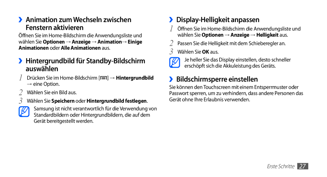 Samsung GT-S5670PWATUR manual ››Animation zum Wechseln zwischen Fenstern aktivieren, ››Display-Helligkeit anpassen 