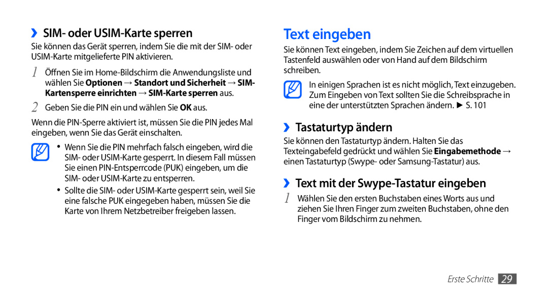 Samsung GT-S5670HKACOS, GT-S5670HKADBT, GT-S5670PWACOS Text eingeben, ››SIM- oder USIM-Karte sperren, ››Tastaturtyp ändern 