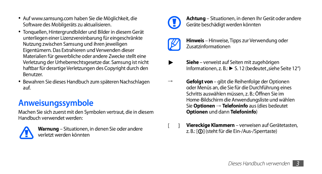 Samsung GT-S5670HKAXEG, GT-S5670HKADBT manual Anweisungssymbole, Bewahren Sie dieses Handbuch zum späteren Nachschlagen auf 