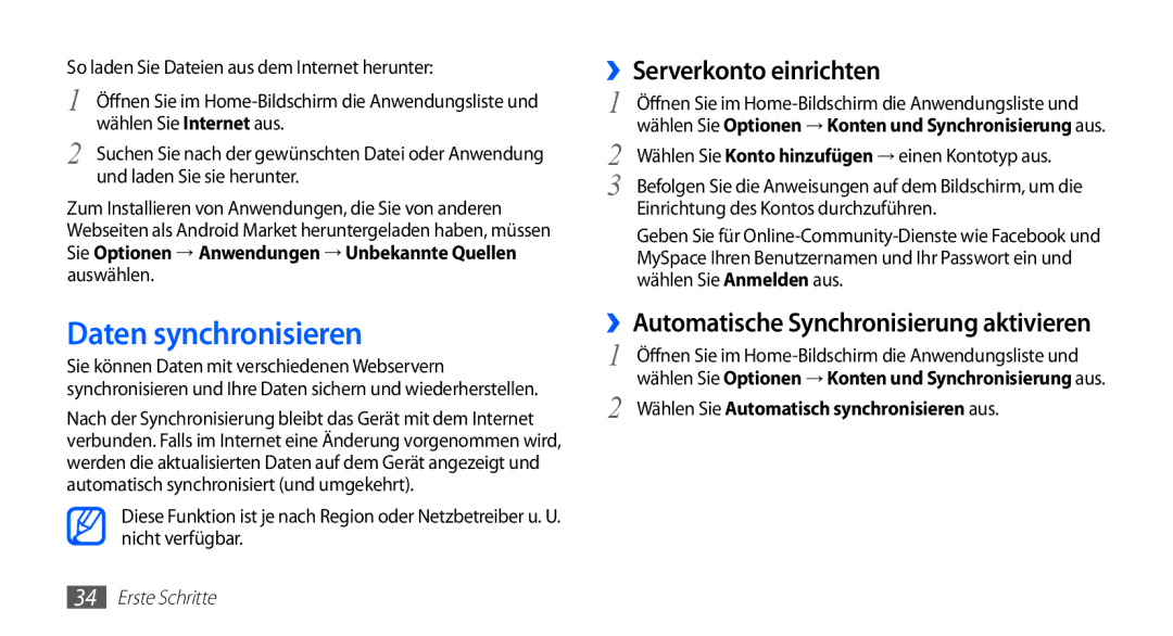 Samsung GT-S5670PWATUR manual Daten synchronisieren, ››Serverkonto einrichten, ››Automatische Synchronisierung aktivieren 