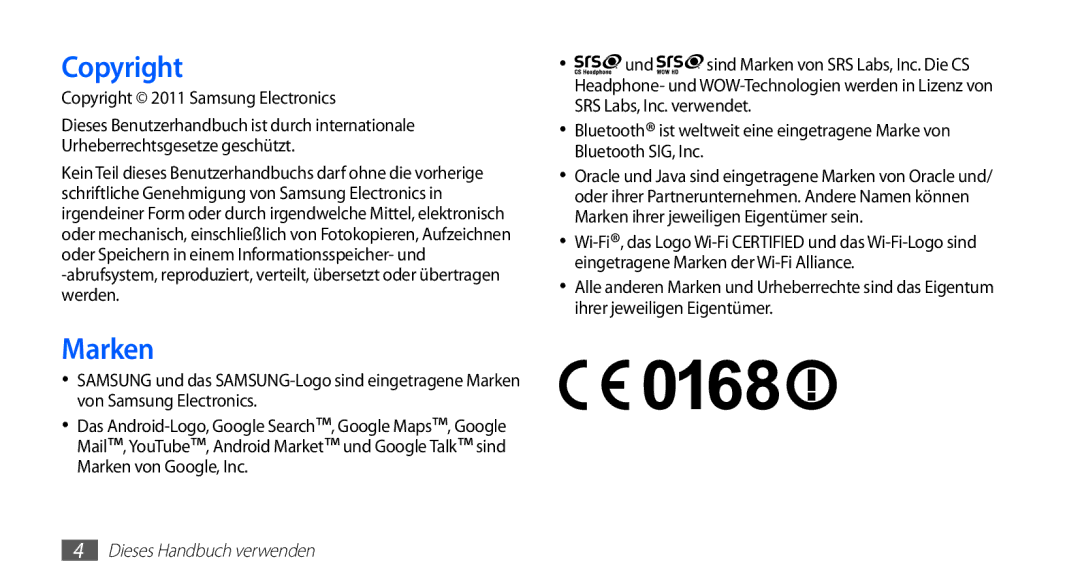 Samsung GT-S5670PWAATO, GT-S5670HKADBT, GT-S5670HKACOS, GT-S5670PWACOS manual Marken, Copyright 2011 Samsung Electronics 