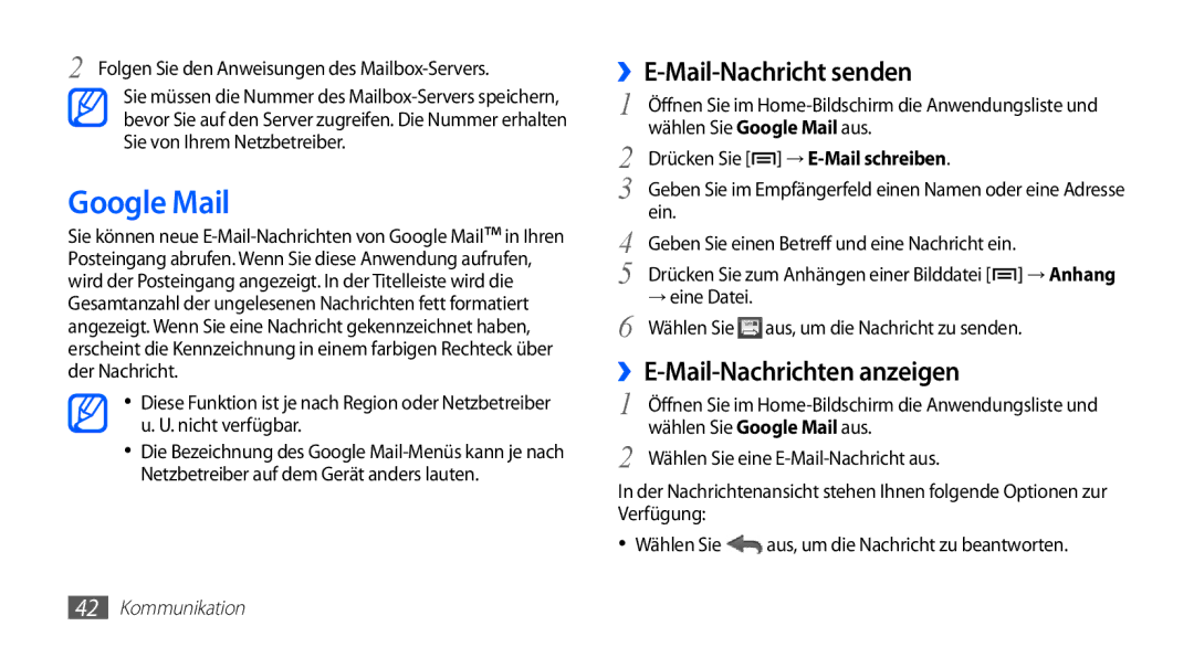 Samsung GT-S5670HKADBT, GT-S5670HKACOS manual Google Mail, ››E-Mail-Nachricht senden, ››E-Mail-Nachrichten anzeigen 