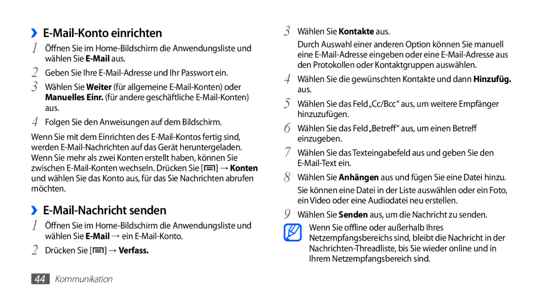 Samsung GT-S5670PWACOS, GT-S5670HKADBT manual ››E-Mail-Konto einrichten, Wählen Sie E-Mail→ ein E-Mail-Konto, → Verfass 