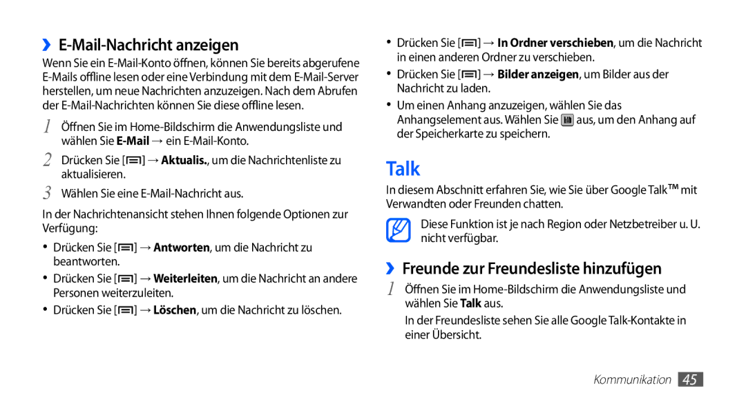 Samsung GT-S5670HKAXEG, GT-S5670HKADBT manual Talk, ››E-Mail-Nachricht anzeigen, ››Freunde zur Freundesliste hinzufügen 