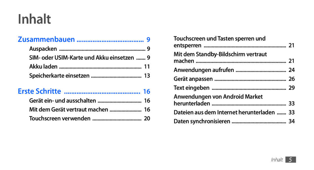 Samsung GT-S5670PWADBT, GT-S5670HKADBT, GT-S5670HKACOS, GT-S5670PWACOS, GT-S5670HKAXEG, GT-S5670PWAATO Inhalt, Erste Schritte 