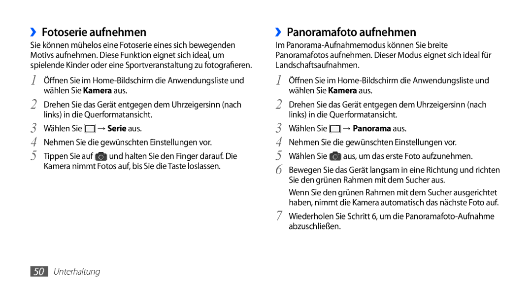 Samsung GT-S5670HKACOS, GT-S5670HKADBT, GT-S5670PWACOS, GT-S5670HKAXEG manual ››Fotoserie aufnehmen, ››Panoramafoto aufnehmen 