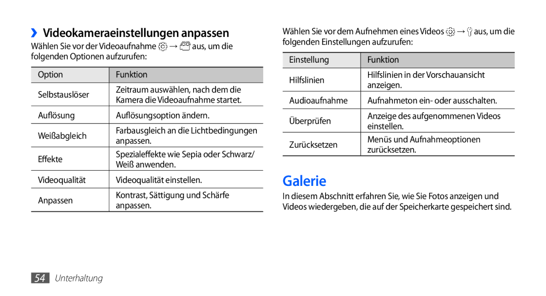 Samsung GT-S5670PWADBT, GT-S5670HKADBT, GT-S5670HKACOS manual Galerie, ››Videokameraeinstellungen anpassen, Überprüfen 