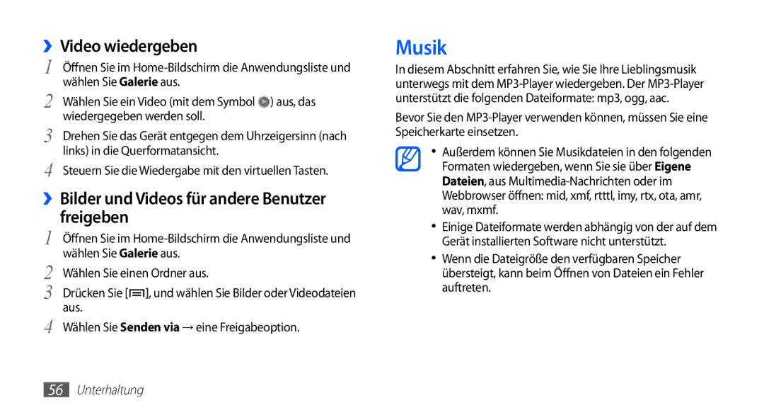 Samsung GT-S5670HKADBT, GT-S5670HKACOS manual Musik, ››Video wiedergeben, ››Bilder und Videos für andere Benutzer freigeben 