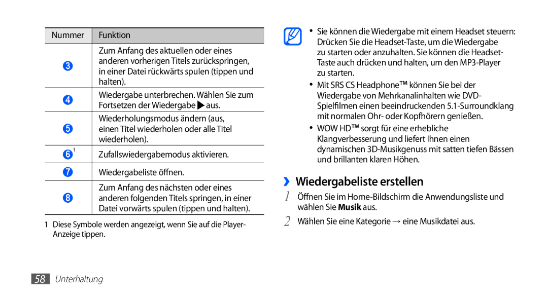 Samsung GT-S5670PWACOS, GT-S5670HKADBT ››Wiedergabeliste erstellen, Nummer Funktion Zum Anfang des aktuellen oder eines 