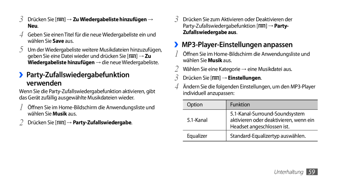 Samsung GT-S5670HKAXEG manual ››MP3-Player-Einstellungen anpassen, Drücken Sie → Zu Wiedergabeliste hinzufügen → Neu 