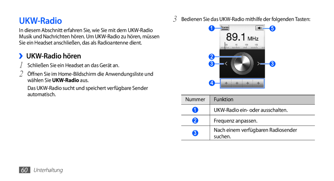 Samsung GT-S5670PWAATO manual ››UKW-Radio hören, Schließen Sie ein Headset an das Gerät an, Wählen Sie UKW-Radioaus 