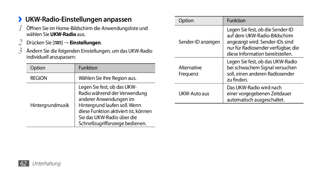 Samsung GT-S5670PWATUR, GT-S5670HKADBT, GT-S5670HKACOS, GT-S5670PWACOS, GT-S5670HKAXEG ››UKW-Radio-Einstellungen anpassen 
