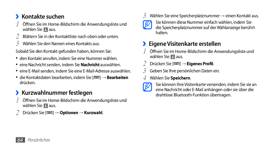 Samsung GT-S5670HKACOS, GT-S5670HKADBT manual ››Kontakte suchen, ››Kurzwahlnummer festlegen, ››Eigene Visitenkarte erstellen 