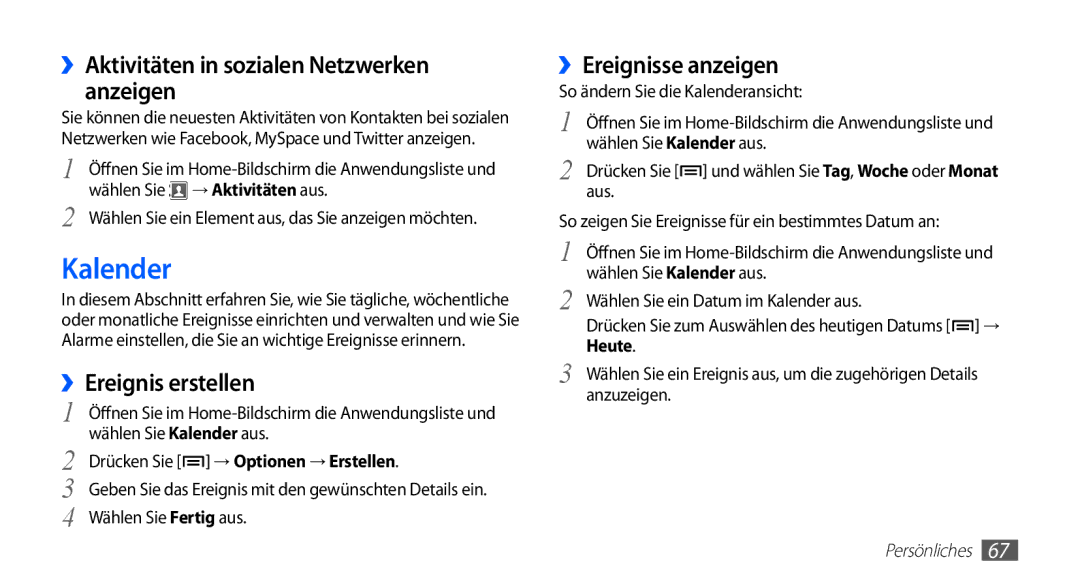 Samsung GT-S5670PWAATO, GT-S5670HKADBT manual Kalender, ››Aktivitäten in sozialen Netzwerken anzeigen, ››Ereignis erstellen 