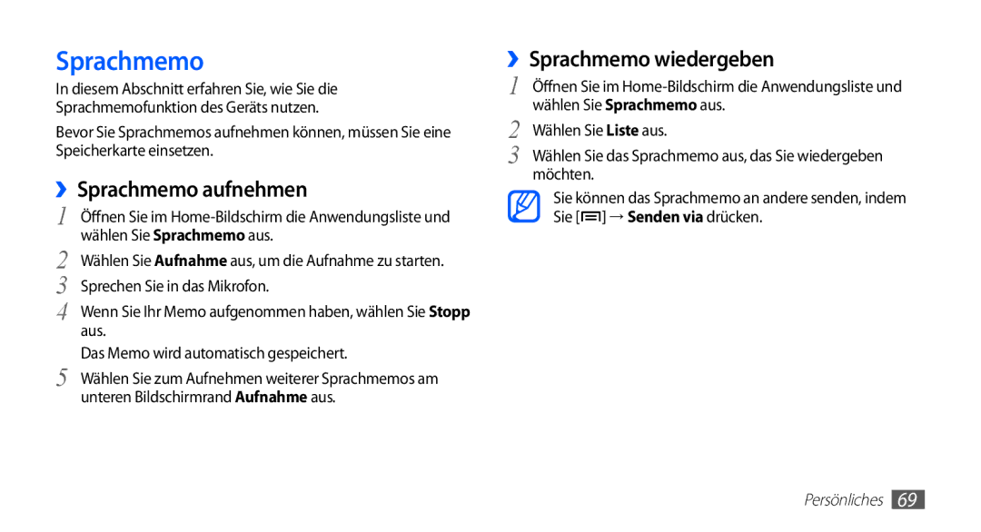 Samsung GT-S5670PWATUR, GT-S5670HKADBT, GT-S5670HKACOS, GT-S5670PWACOS ››Sprachmemo aufnehmen, ››Sprachmemo wiedergeben 