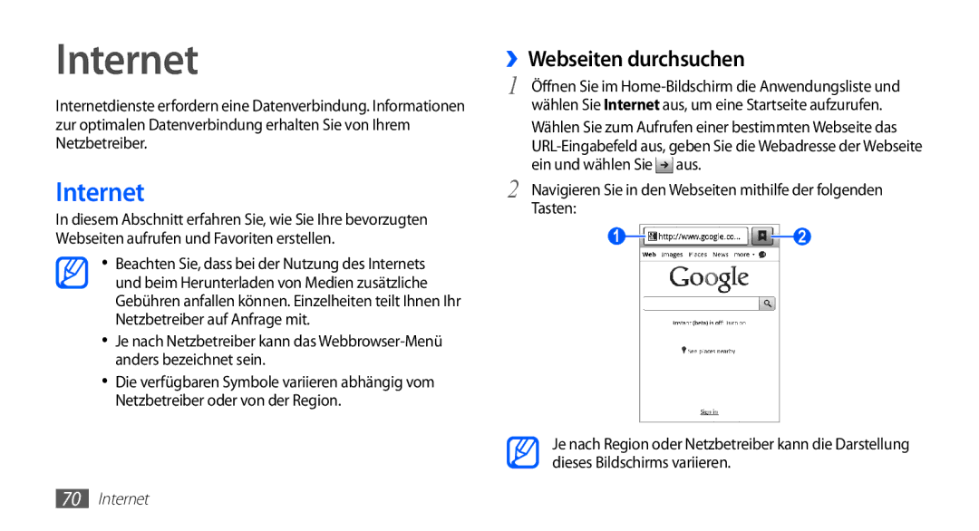 Samsung GT-S5670HKADBT, GT-S5670HKACOS, GT-S5670PWACOS, GT-S5670HKAXEG, GT-S5670PWAATO manual Internet, ››Webseiten durchsuchen 