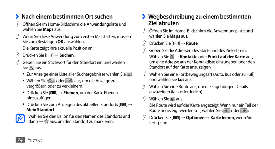 Samsung GT-S5670PWAATO manual ››Nach einem bestimmten Ort suchen, ››Wegbeschreibung zu einem bestimmten Ziel abrufen 