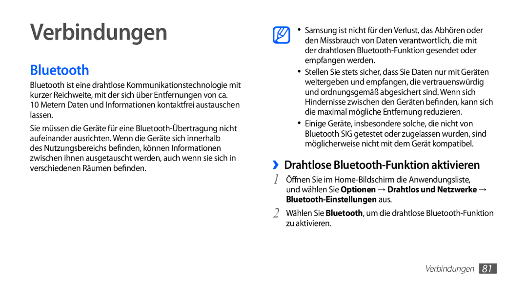 Samsung GT-S5670PWAATO, GT-S5670HKADBT, GT-S5670HKACOS manual Verbindungen, ››Drahtlose Bluetooth-Funktion aktivieren 