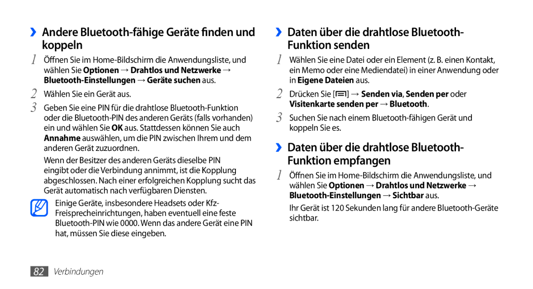 Samsung GT-S5670PWADBT, GT-S5670HKADBT manual ››Andere Bluetooth-fähige Geräte finden und koppeln, Wählen Sie ein Gerät aus 