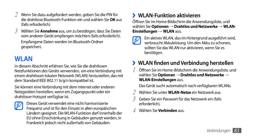 Samsung GT-S5670PWATUR, GT-S5670HKADBT, GT-S5670HKACOS ››WLAN-Funktion aktivieren, ››WLAN finden und Verbindung herstellen 