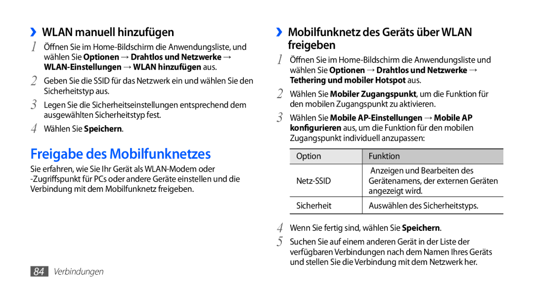 Samsung GT-S5670HKADBT manual Freigabe des Mobilfunknetzes, ››WLAN manuell hinzufügen, Tethering und mobiler Hotspot aus 