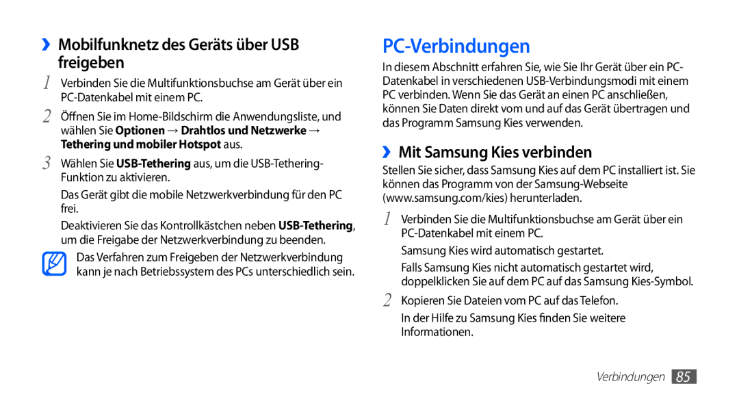 Samsung GT-S5670HKACOS manual PC-Verbindungen, ››Mobilfunknetz des Geräts über USB freigeben, ››Mit Samsung Kies verbinden 