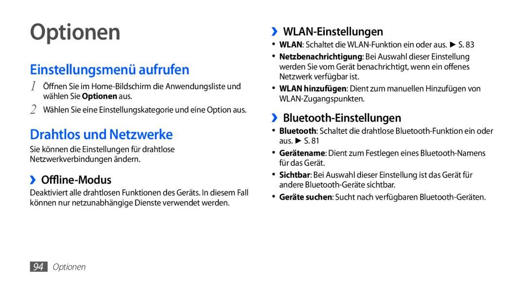 Samsung GT-S5670HKAXEG, GT-S5670HKADBT, GT-S5670HKACOS manual Optionen, Einstellungsmenü aufrufen, Drahtlos und Netzwerke 