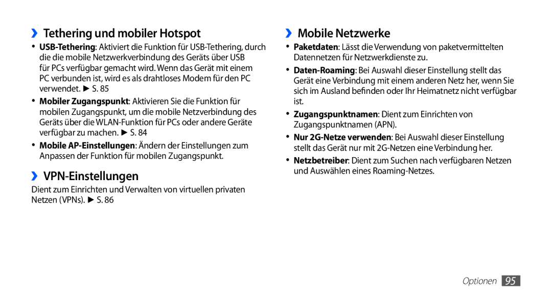 Samsung GT-S5670PWAATO, GT-S5670HKADBT manual ››Tethering und mobiler Hotspot, ››VPN-Einstellungen, ››Mobile Netzwerke 