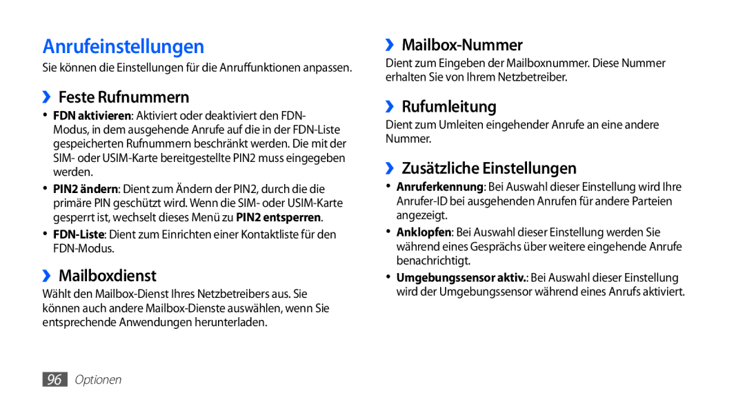 Samsung GT-S5670PWADBT, GT-S5670HKADBT, GT-S5670HKACOS, GT-S5670PWACOS, GT-S5670HKAXEG, GT-S5670PWAATO manual Anrufeinstellungen 