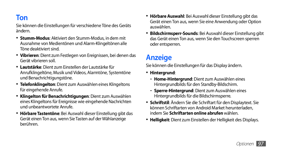 Samsung GT-S5670PWATUR, GT-S5670HKADBT manual Ton, Anzeige, Sie können die Einstellungen für das Display ändern, Hintergrund 