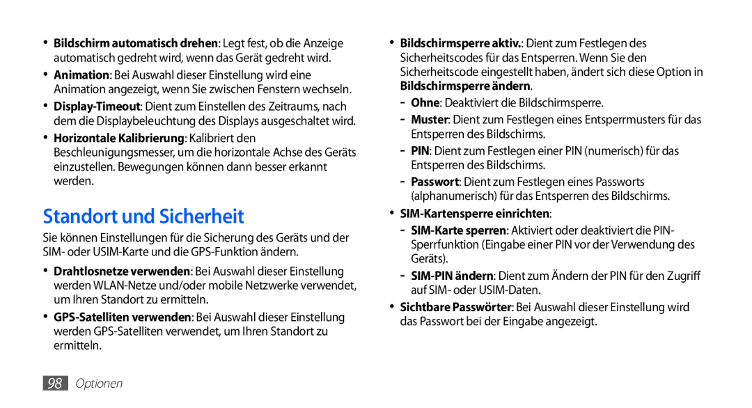 Samsung GT-S5670HKADBT manual Standort und Sicherheit, Ohne Deaktiviert die Bildschirmsperre, SIM-Kartensperre einrichten 