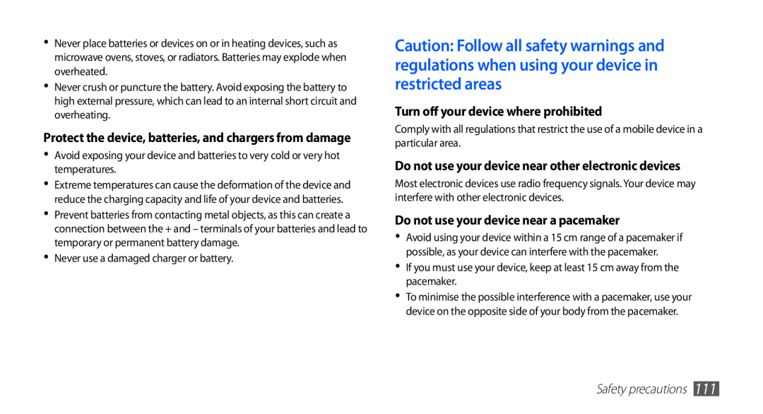 Samsung GT-S5670HKAEUR manual Turn off your device where prohibited, Do not use your device near other electronic devices 