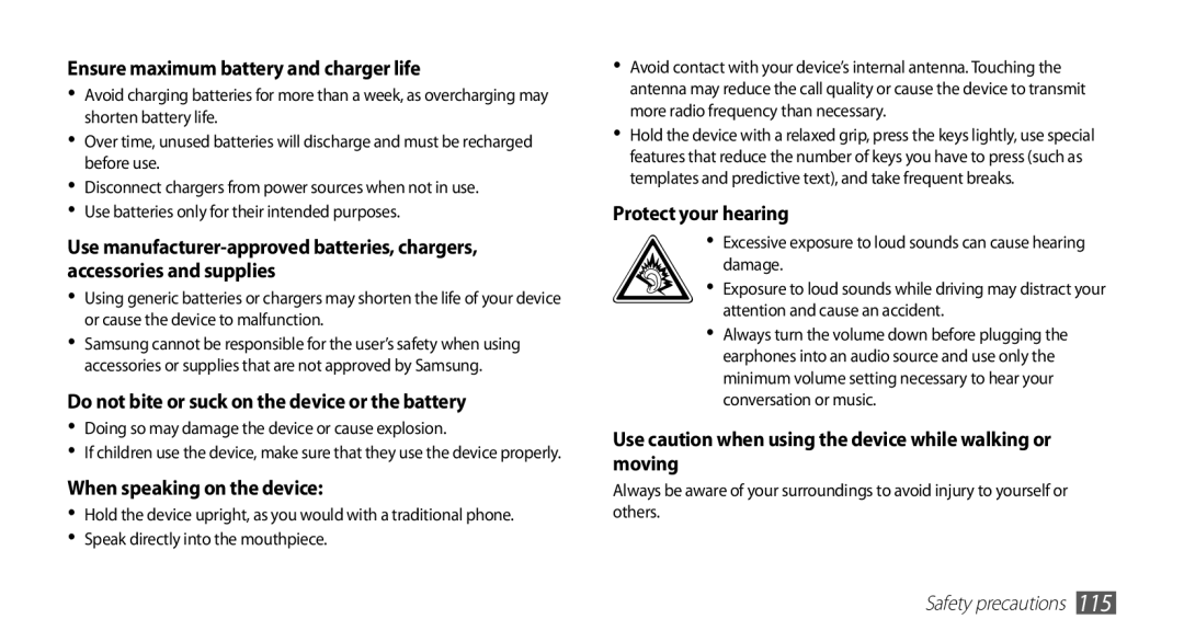 Samsung GT-S5670PWASER manual Ensure maximum battery and charger life, Do not bite or suck on the device or the battery 