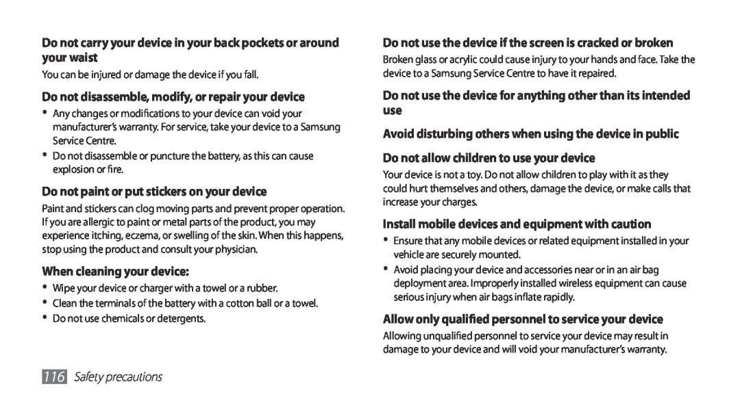 Samsung GT-S5670HKASER manual Do not carry your device in your back pockets or around your waist, When cleaning your device 