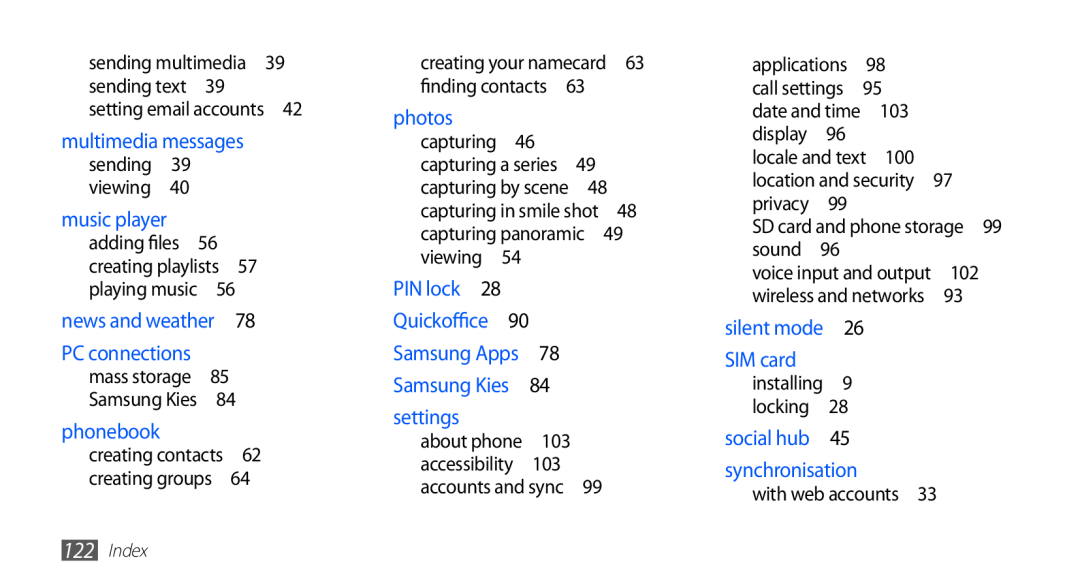 Samsung GT-S5670PWADBT multimedia messages, music player, phonebook, photos, settings, silent mode 26 SIM card, Index 