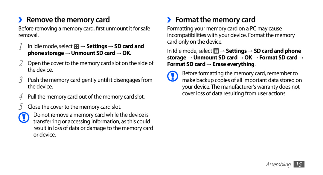 Samsung GT-S5670HKAXSS manual ›› Remove the memory card, ›› Format the memory card, phone storage → Unmount SD card → OK 