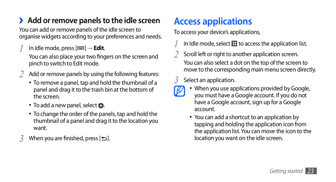 Samsung GT-S5670HKAABS manual Access applications, ›› Add or remove panels to the idle screen, Select an application 