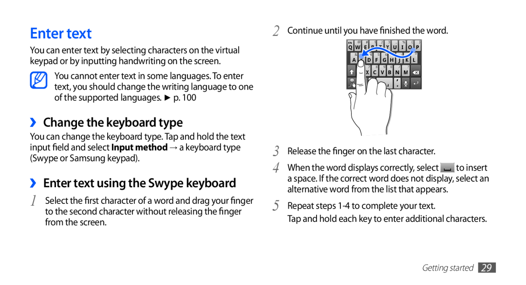 Samsung GT-S5670HKAVIP manual ›› Change the keyboard type, ›› Enter text using the Swype keyboard, Getting started 