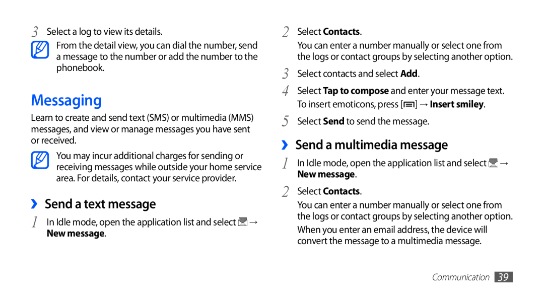 Samsung GT-S5670HKADBT, GT-S5670HKACOS manual Messaging, ›› Send a text message, ›› Send a multimedia message, New message 