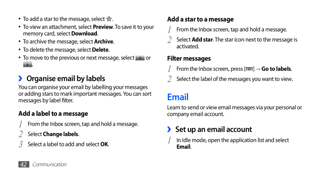 Samsung GT-S5670HKAXEG manual Email, ›› Organise email by labels, ›› Set up an email account, Add a label to a message 