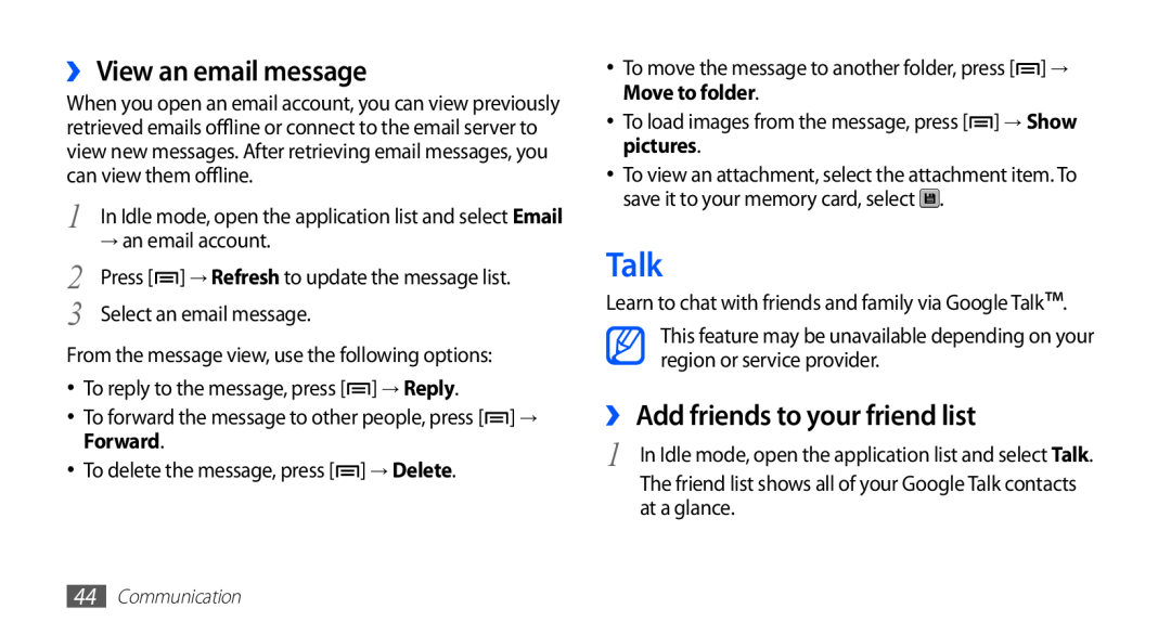 Samsung GT-S5670PWADBT, GT-S5670HKADBT, GT-S5670HKACOS Talk, ›› View an email message, ›› Add friends to your friend list 