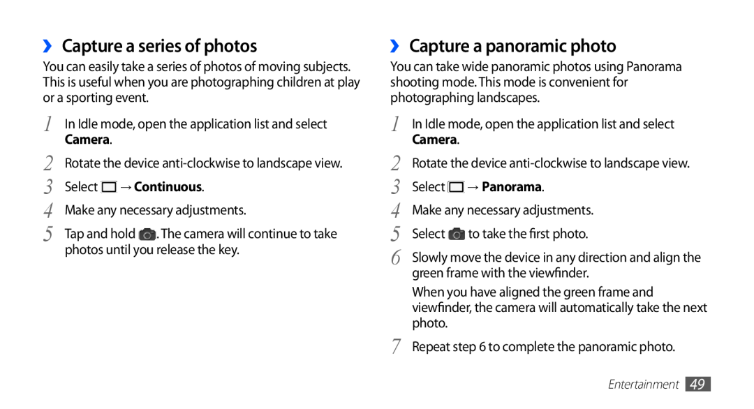 Samsung GT-S5670HKATHR manual ›› Capture a series of photos, ›› Capture a panoramic photo, → Continuous, → Panorama 