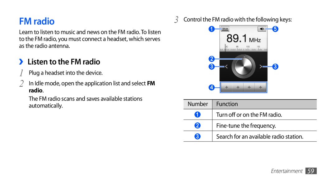 Samsung GT-S5670PWAAFR, GT-S5670HKADBT, GT-S5670HKACOS, GT-S5670PWACOS, GT-S5670HKAXEG manual ››Listen to the FM radio 