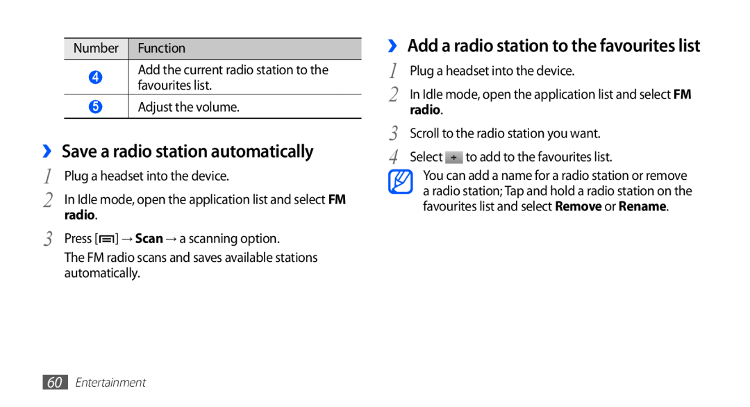 Samsung GT-S5670PWAEGY manual ›› Save a radio station automatically, ›› Add a radio station to the favourites list 
