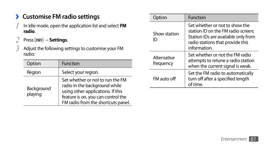 Samsung GT-S5670HKASKZ, GT-S5670HKADBT, GT-S5670HKACOS, GT-S5670PWACOS manual ›› Customise FM radio settings, → Settings 