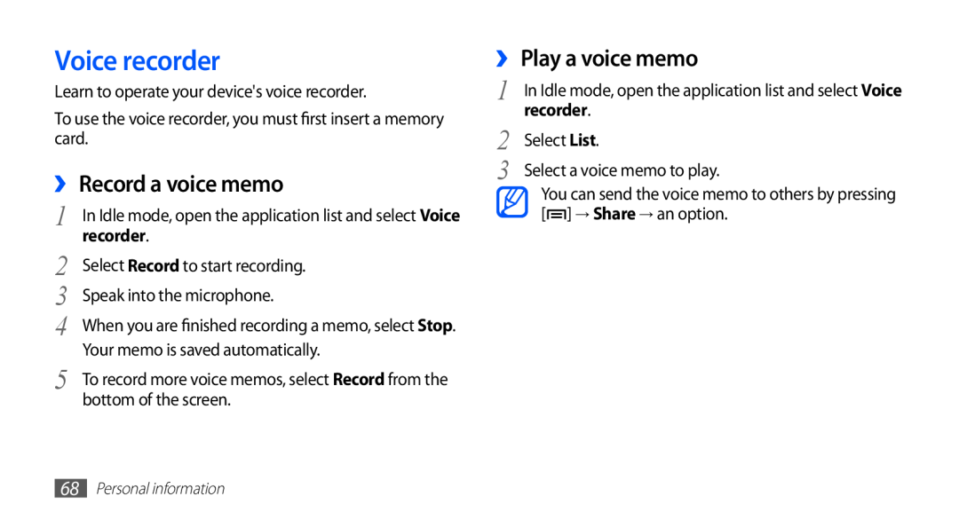 Samsung GT-S5670HKAVIP, GT-S5670HKADBT, GT-S5670HKACOS manual Voice recorder, ›› Record a voice memo, ›› Play a voice memo 