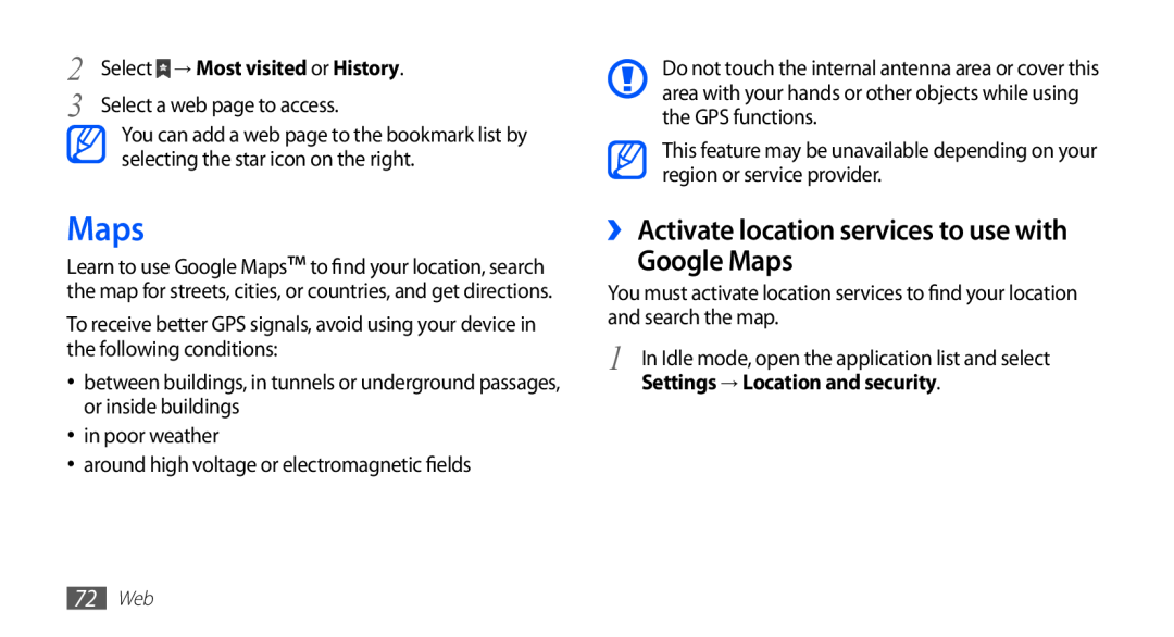 Samsung GT-S5670HKAEUR manual ›› Activate location services to use with Google Maps, Settings → Location and security 