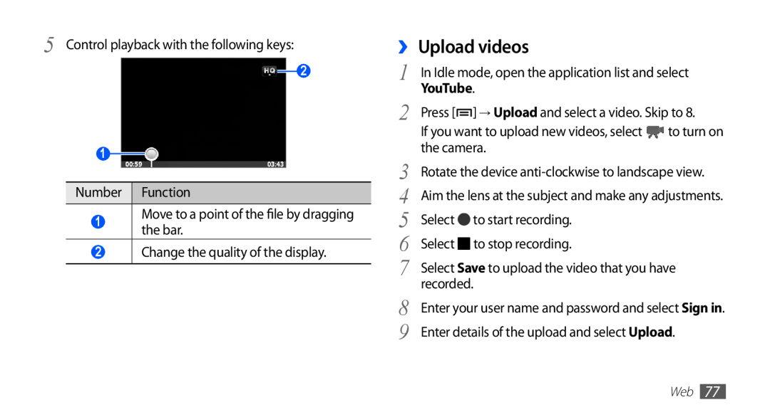 Samsung GT-S5670HKASER, GT-S5670HKADBT, GT-S5670HKACOS, GT-S5670PWACOS, GT-S5670HKAXEG manual ›› Upload videos, YouTube 